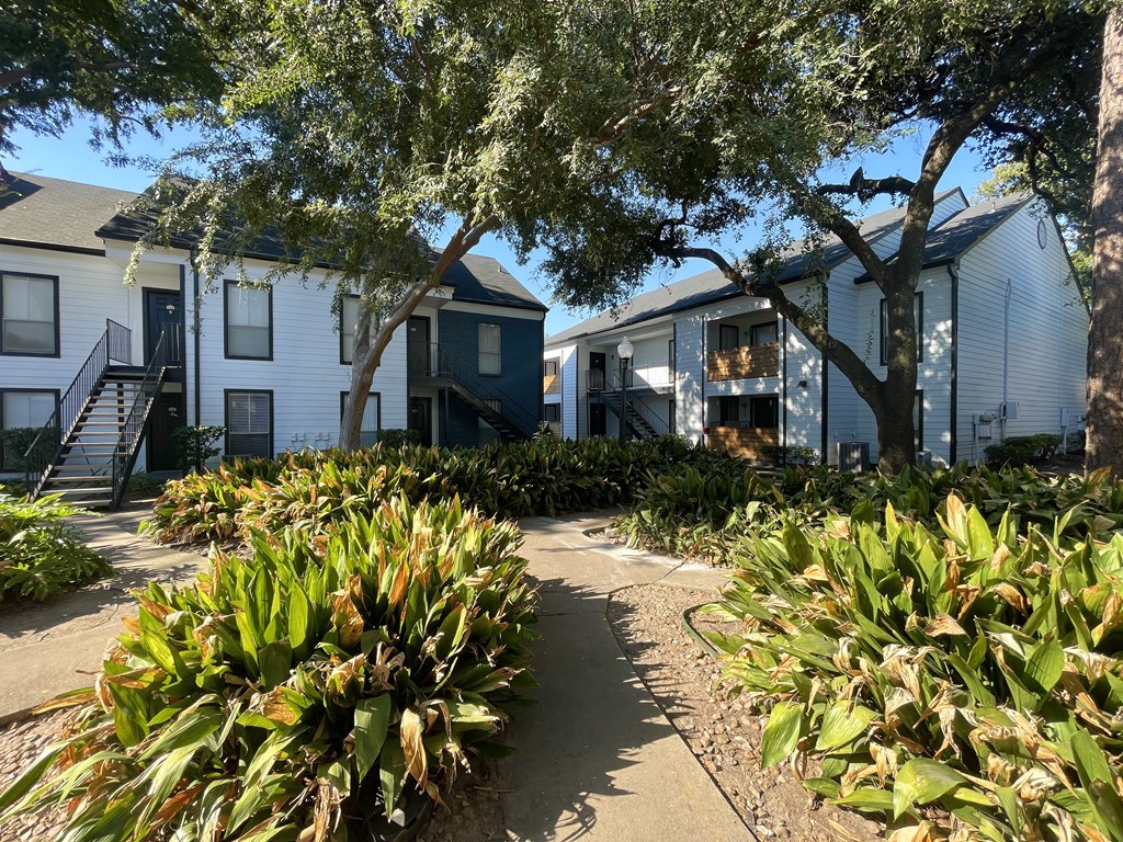a path leads through a garden in front of a row of houses  at 2151 Kirkwood, Texas