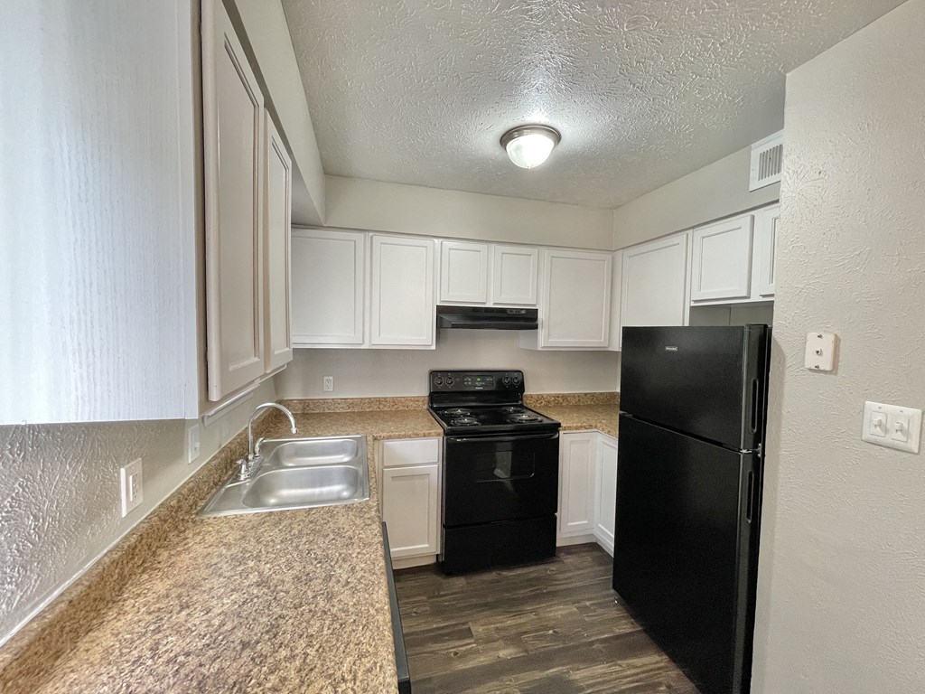 a kitchen with a black refrigerator and a sink