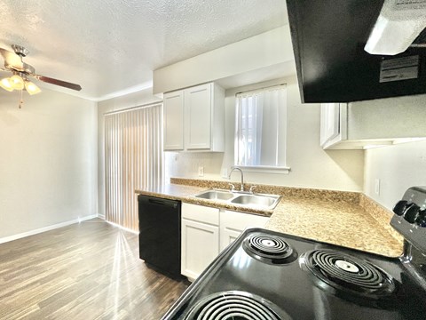 Kitchen with electric stove and granite countertops at Wymberly Crossing Apartments, Texas, 75052