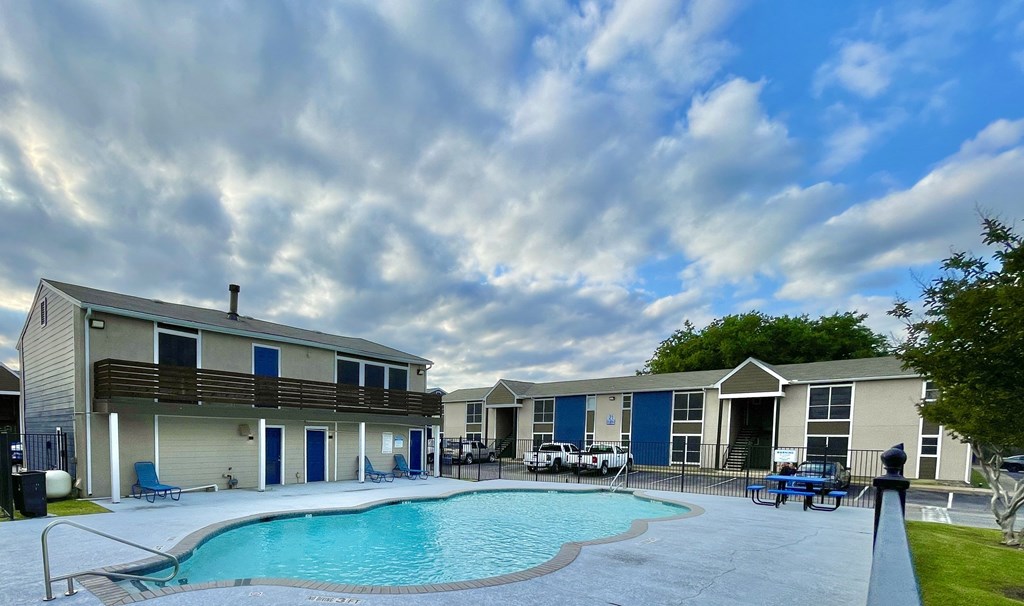 our apartments are equipped with a swimming pool and patio