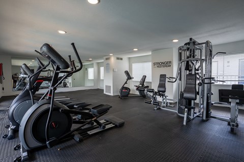 A spacious gym with a variety of equipment including a treadmill, weights, and a bench press.