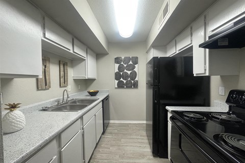 a kitchen with white cabinets and a black refrigerator and sink