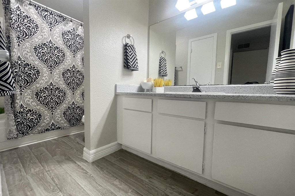 an open bathroom with a sink and a mirror