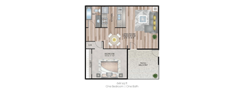A floor plan of a 644 square foot one bedroom apartment with one bath.
