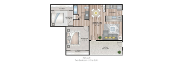 A floor plan of a 797 square foot home with two bedrooms and one bath.