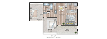 A floor plan of a 888 sq ft apartment with two bedrooms and two bathrooms.