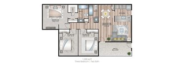 A floor plan of a house with three bedrooms and two bathrooms.