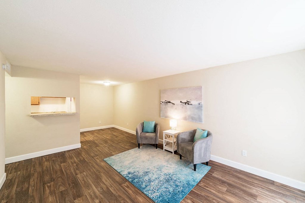 a living room with two chairs and a rug