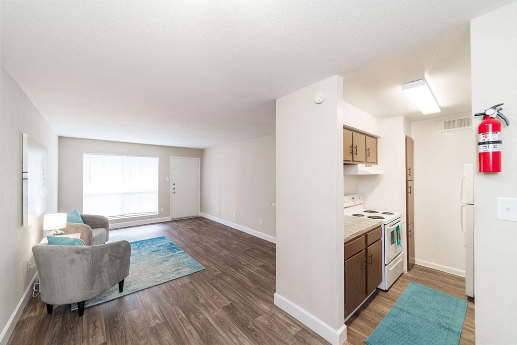 a living room with a kitchen and a couch