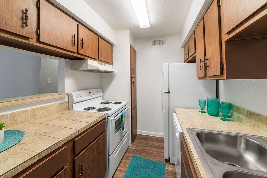 a kitchen with a stove sink and refrigerator