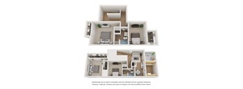 a stylized view of a 1 bedroom floor plan and a 3d floor plan