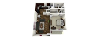 A 3D floor plan of a house with a kitchen, living room, bedroom and bathroom.