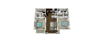 A 3D floor plan of a small apartment with a kitchen, living room, and bedroom.