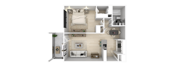 A 3D floor plan of a small apartment with a living room, kitchen, and bedroom.