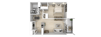 A 3D rendered image of a modern apartment layout.
