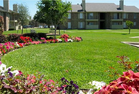 a lush green lawn with flowers in front of an apartment building