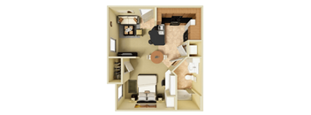 a rendering of a 3d floor plan with a bedroom and living room