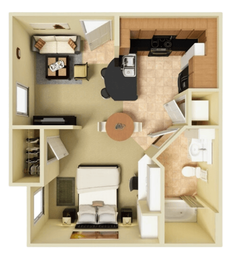 a rendering of a 3d floor plan with a bedroom and living room