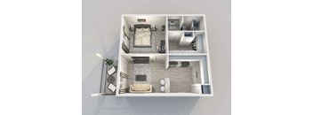 A 3D floor plan of a small apartment with a bedroom, living room, and kitchen.