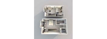 A top-down view of a two-bedroom apartment with a living room and kitchen area.