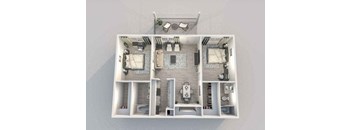 A 3D model of a house layout with a living room, two bedrooms, a bathroom, and a kitchen.