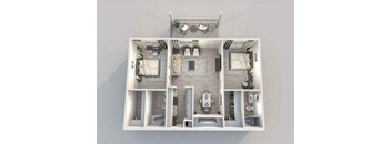 A 3D floor plan of a house showing a living room, kitchen, and two bedrooms.