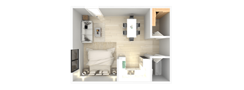 a 3d rendering of a bedroom with a living room