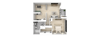 A 3D floor plan of a small apartment with a kitchen, living room, and bedrooms.