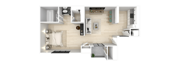 A top-down view of a modern apartment layout with a living room, kitchen, and two bedrooms.