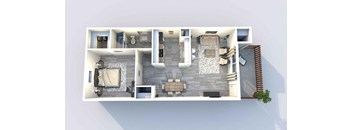 A top-down view of a modern apartment layout with a living room, kitchen, and two bedrooms.