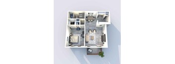 A top-down view of a modern apartment layout with a living room, kitchen, and two bedrooms.
