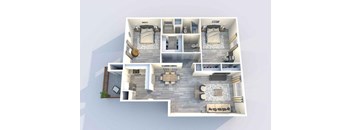 A 3D floor plan of a house with multiple rooms and furniture.