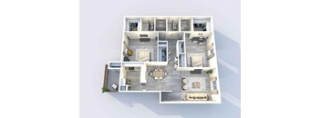 A top-down view of a modern apartment layout with a central open space and surrounding rooms.