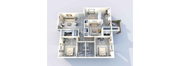 A 3D floor plan of a house showing a living room, kitchen, two bedrooms, and bathrooms.
