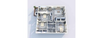 A 3D floor plan of a house with two bedrooms, a living room, a kitchen, and a bathroom.