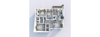 A 3D floor plan of a house with multiple rooms and furniture.
