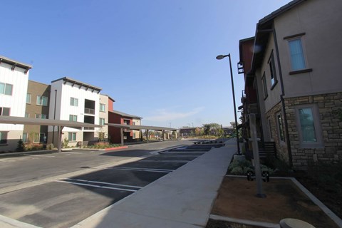 A street view of a residential area with houses on both sides.