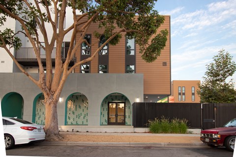 A modern building with a tree in front of it.