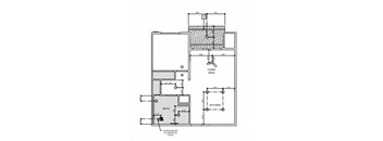 A floor plan of a house with a living area, kitchen, and bath.