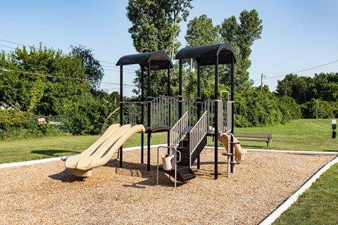 A playground with a slide, swings, and a climbing frame.