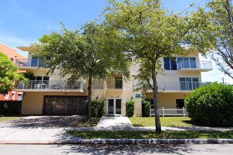 A tree in front of a two-story building with a white picket fence.