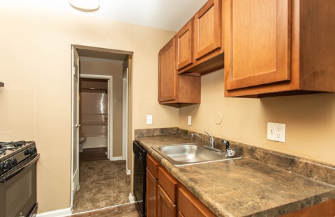 A kitchen with a sink, stove, and cabinets.
