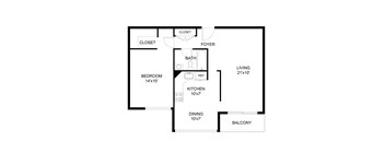 A floor plan of a small apartment with a living area, bedroom, kitchen, and bathroom.