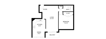 A floor plan of a small apartment with a living room, dining room, kitchen, bathroom, and bedroom.