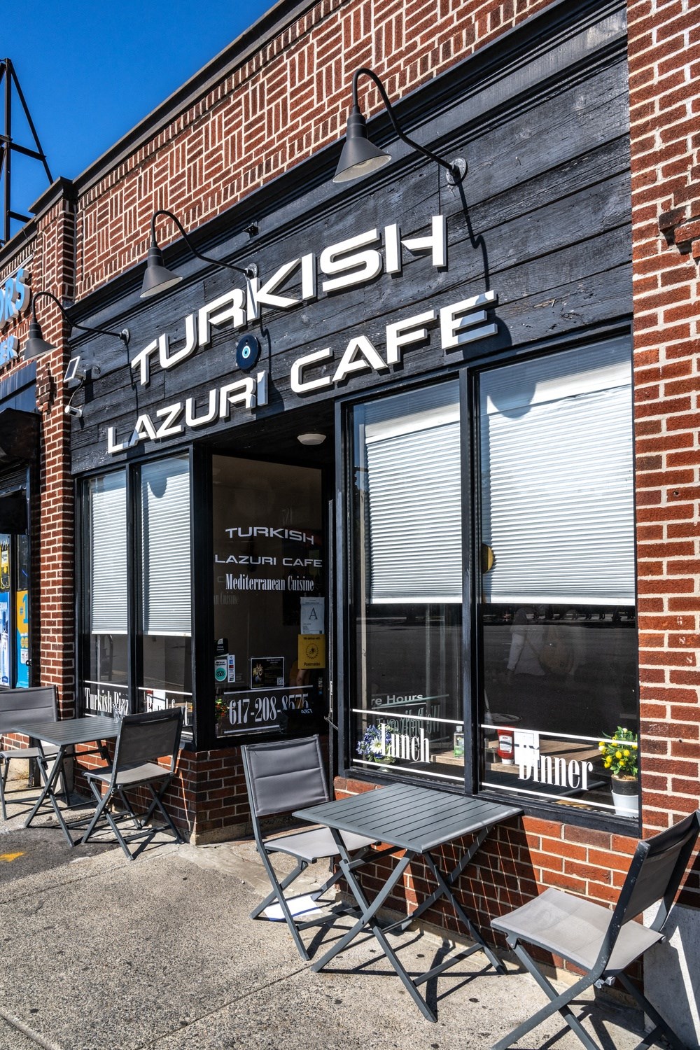 Turkish Cafe with tables and chairs outside at The Indie, Boston Massachusetts  