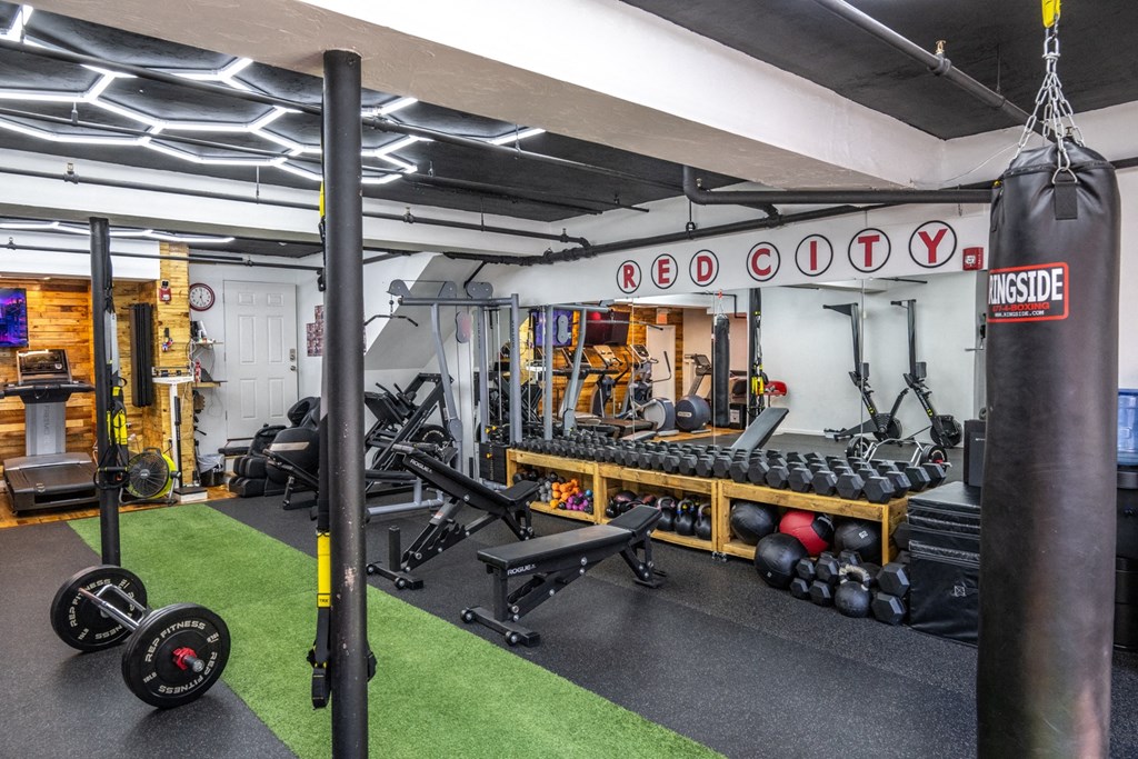 Free weights and other gym equipment at The Indie, Boston, MA  