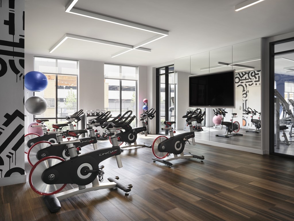 A gym with a row of stationary bikes and a television.