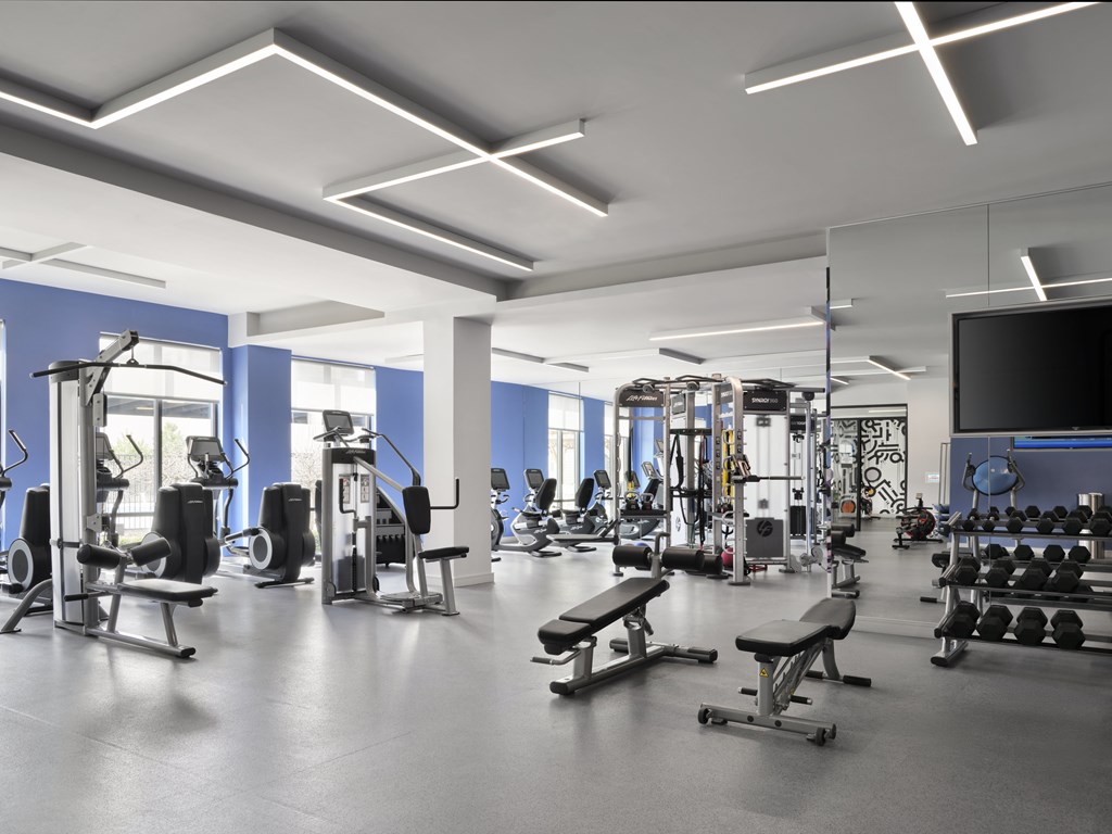 A spacious gym with various exercise equipment and a flat screen TV mounted on the wall.