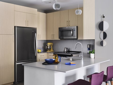 A kitchen with a black refrigerator, a silver microwave, and a white countertop.