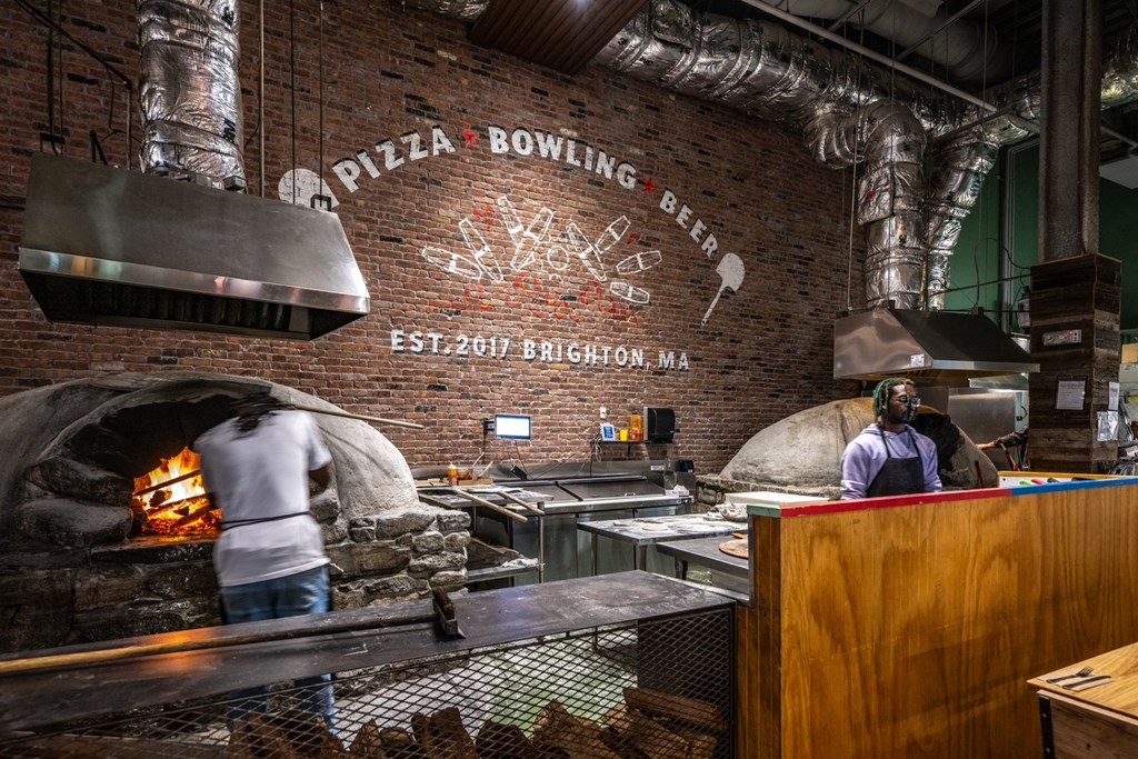 Brick oven pizza making at The Indie, Boston, MA 02134  